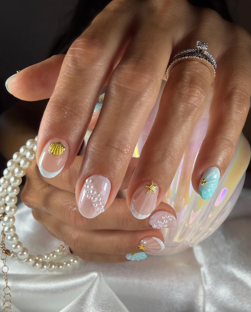 beach vacation white gold french nails - french tip nails